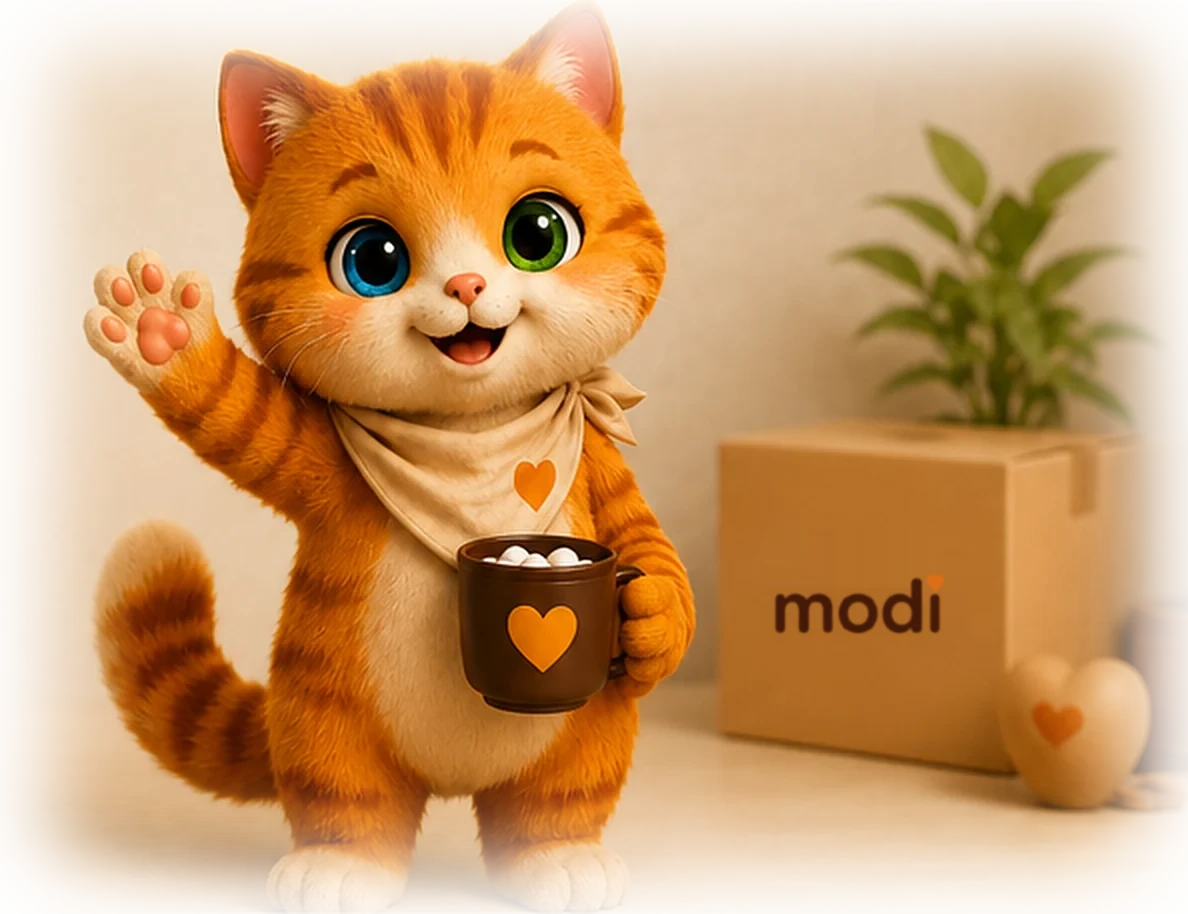 Elinde kalpli kupasıyla el sallayan turuncu kedi Modi